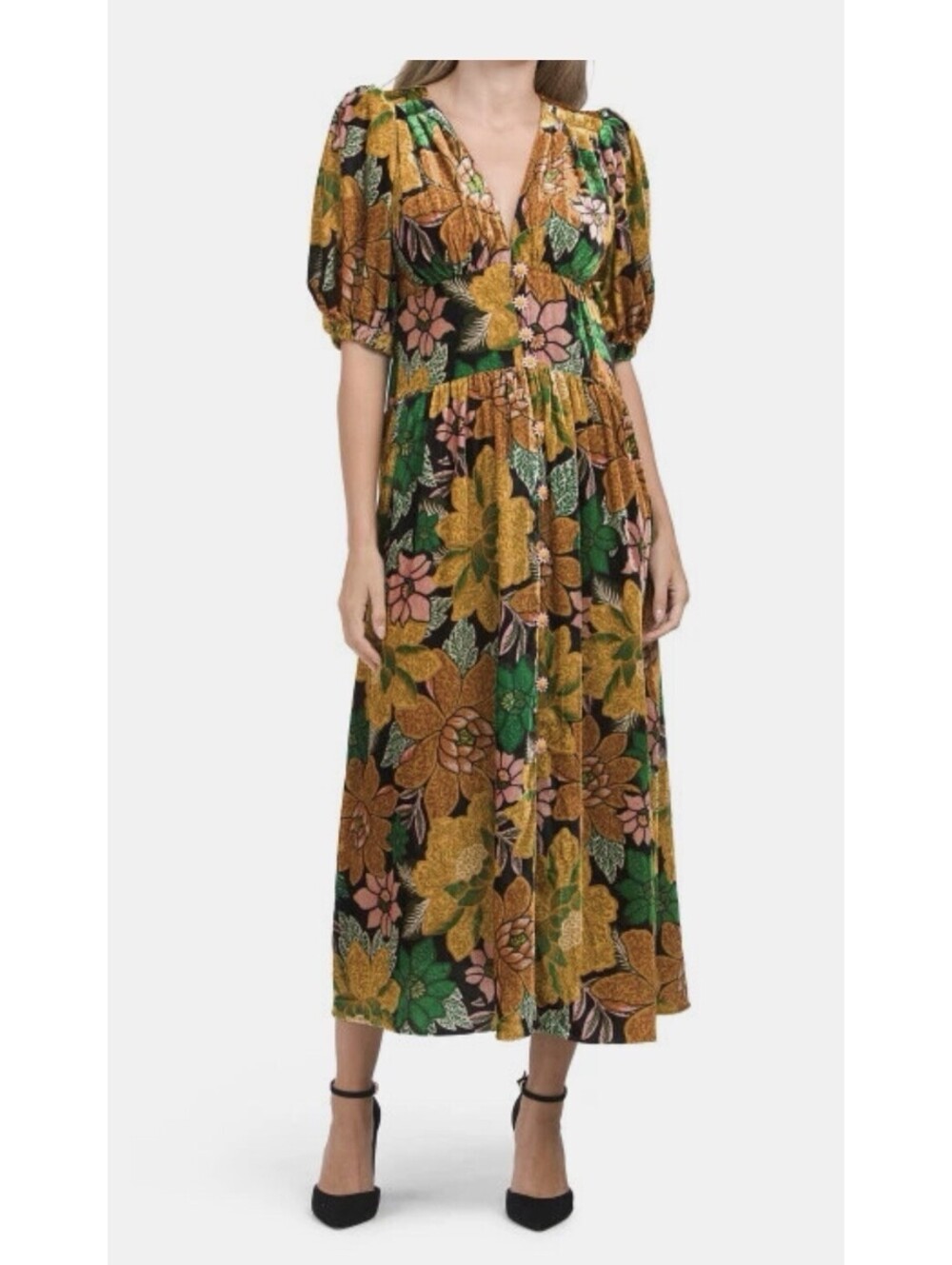 Farm Rio Garden Velvet midi Dress Size Medium Floral Earth Tones Puff Sleeve